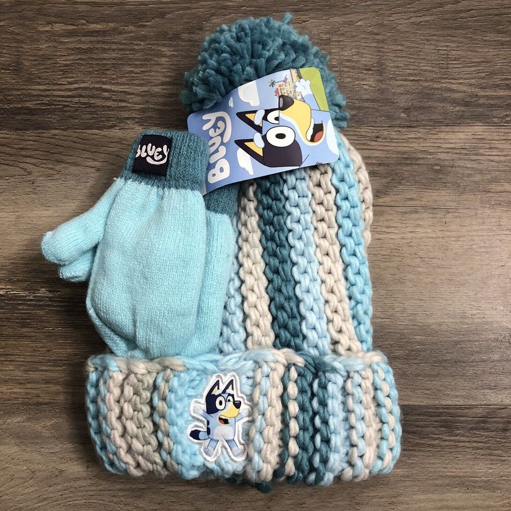 New Disney Bluey Knit Beanie & Mittens Set Toddler 2T-5T Boy Girl Pom Pom Blue